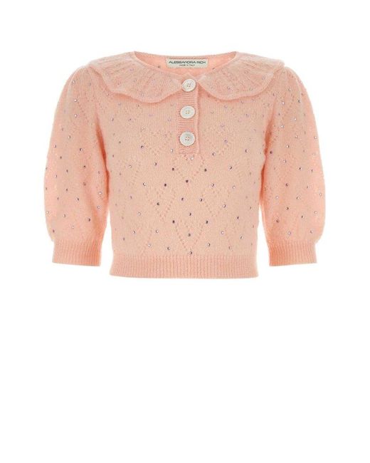 Alessandra Rich Pink Embellished Short Puff Sleeved Knitted Top