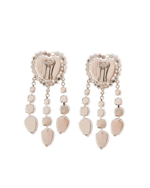 Alessandra Rich White Colored Heart-Shaped Clip-On Earrings With Crystal Pendants
