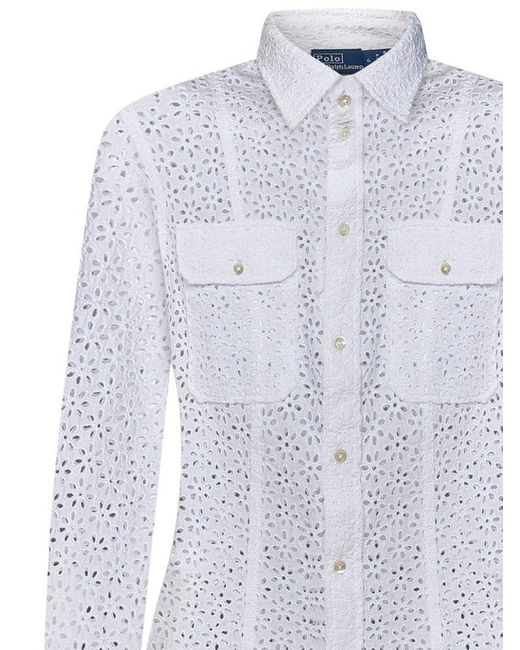 Polo Ralph Lauren Floral Embroidered Curved Hem Shirt in White | Lyst