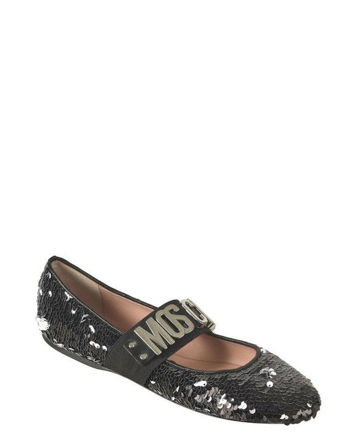 Moschino Black Logo Lettering Sequinned Ballerina Shoes