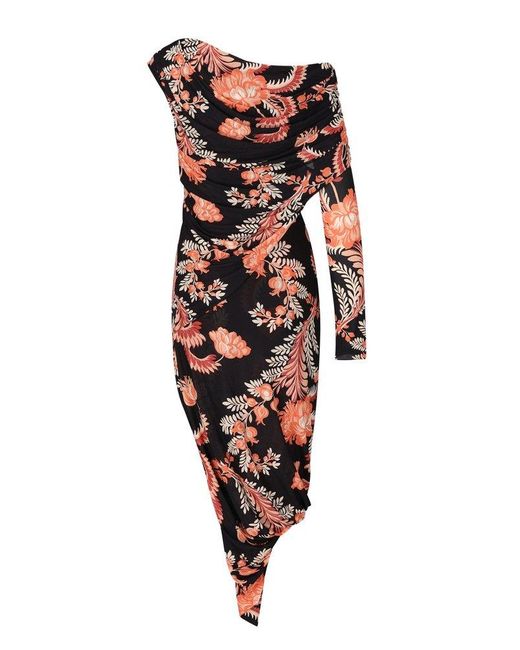 Etro Red Floral-printed One-shoulder Dress