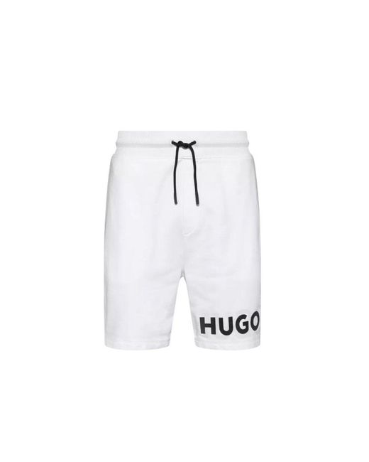 HUGO White Logo Printed Drawstring Shorts for men