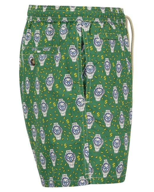 Mc2 Saint Barth Green Pattern-Printed Drawstring Swim Shorts for men