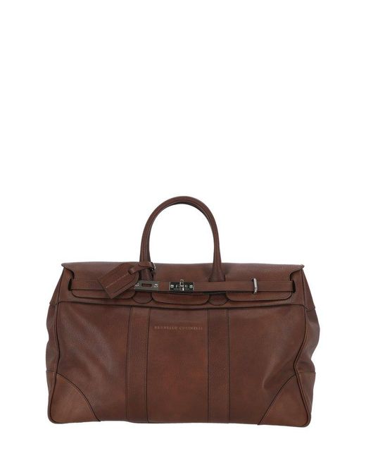 Brunello Cucinelli Brown Logo Printed Country Weekender Duffle Bag for men