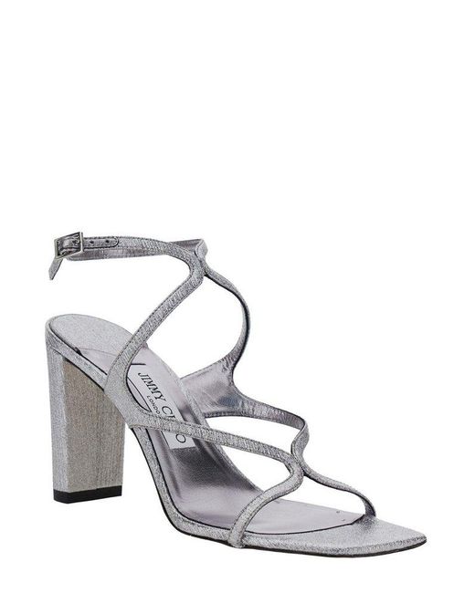 Jimmy Choo 'Azie' Metallic Sandals With High Stacked Heel And Criss-Cross Strap