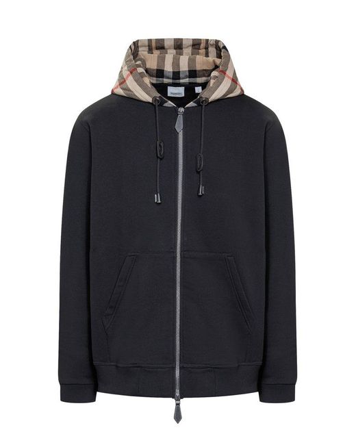 Burberry Check Detailed Zipped Drawstring Hoodie in Black for Men | Lyst