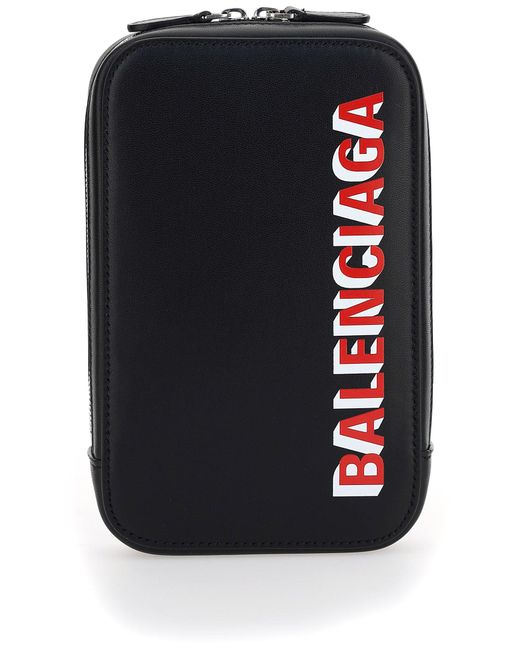 Balenciaga Black Logo Print Leather Cash And Phone Holder for men