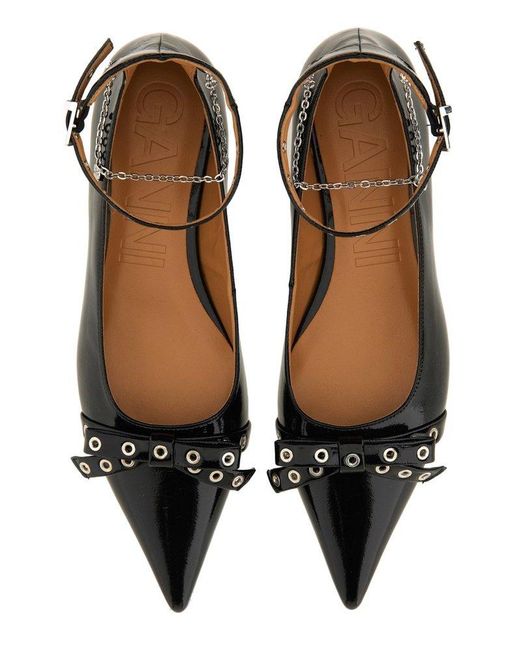 Ganni Black Bow-Detailed Ankle Strap Ballet Flats
