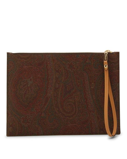 Etro Brown Paisley Pattern Zipped Clutch Bag for men