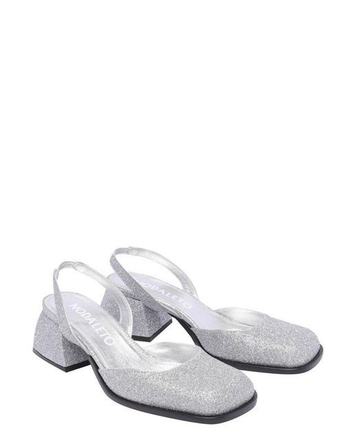 NODALETO White Square-toe Glitter Embellished Slingback Pumps