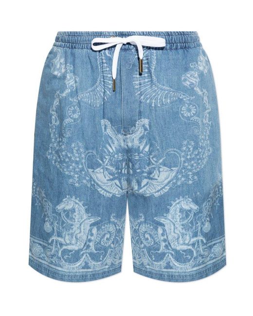 Versace Blue Pattern-Printed Drawstring Denim Shorts for men