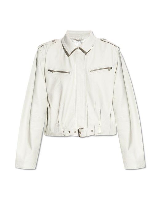 Gestuz White Gzkatri Belted Waist Leather Jacket