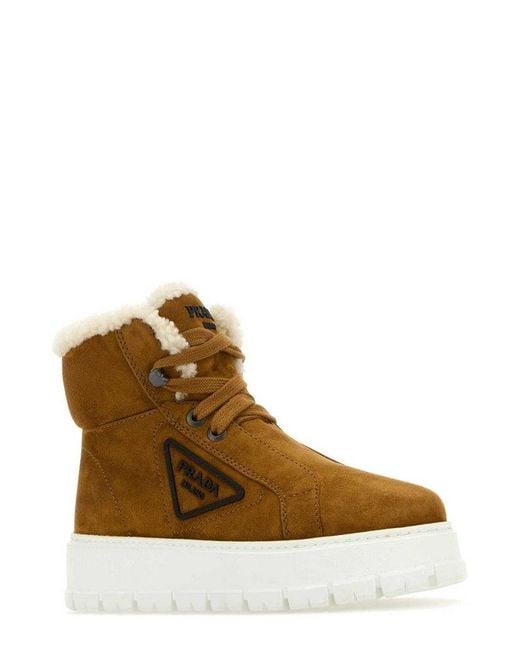 Prada Panelled Lace up Ankle length Boots in Brown Lyst Canada