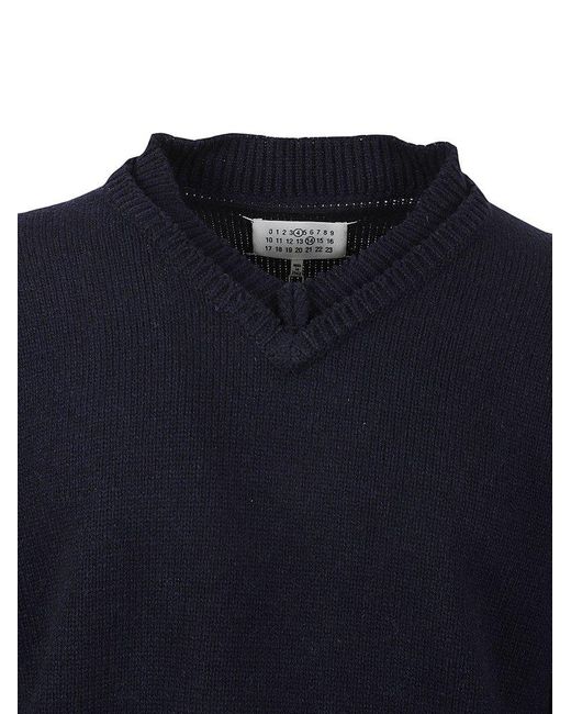 Maison Margiela Blue Rear Logo V-neck Knit Pullover for men