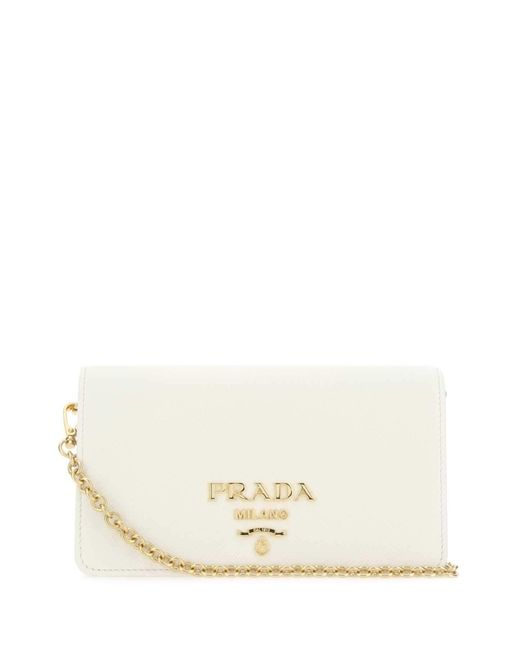 Prada White Logo Plaque Chain Clutch Bag