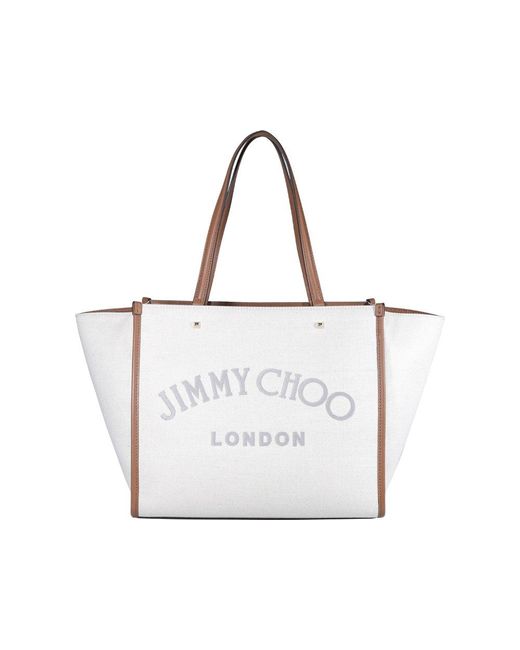 Jimmy Choo Leather Varenne Logo Embroidered Tote Bag in Beige (Natural ...