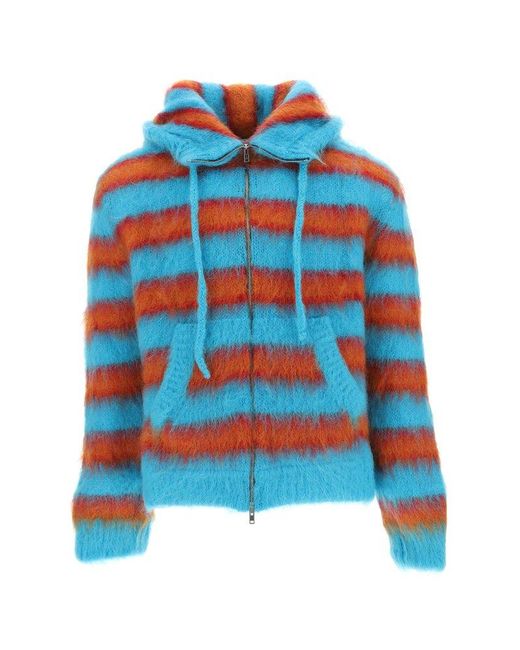 Marni Blue Striped Drawstring Knitted Hoodie for men