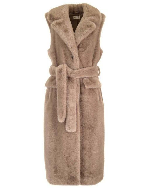 P.A.R.O.S.H. Natural Sleeveless Belted Faux-fur Coat