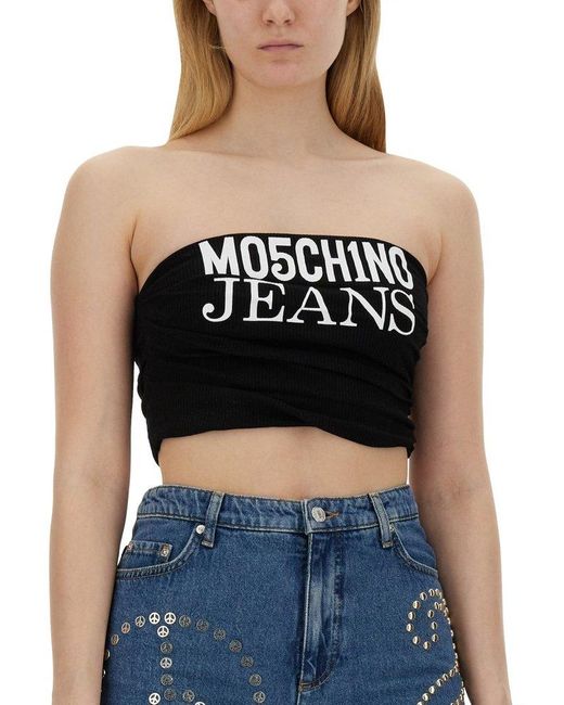 Moschino Blue Jeans Logo Printed Strapless Cropped Top