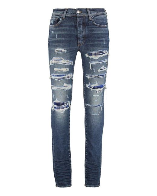 Amiri Denim Plaid Trasher Ripped Skinny Jeans in Blue for Men | Lyst