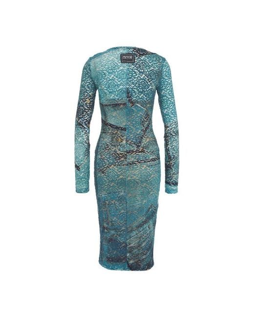 Versace Blue Patchwork Denim Printed Laced Midi Dress