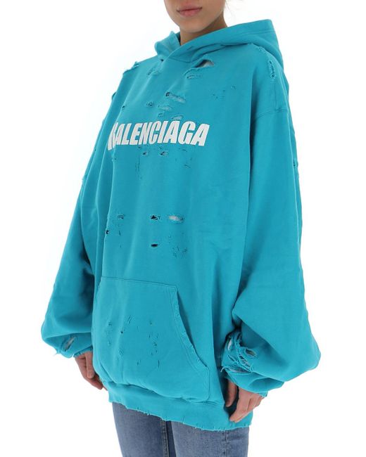 Balenciaga Caps Destroyed Hoodie in Blue | Lyst