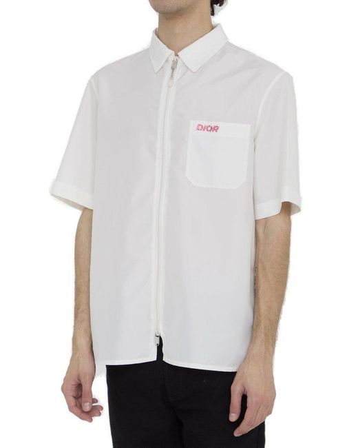 Dior White Zip-up Short-sleeved Shirt for men