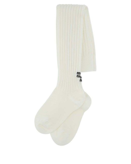 Miu Miu White Logo Intarsia Socks
