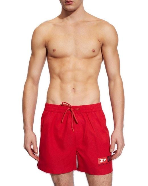 DIESEL Red Logo-print Swim Shorts for men