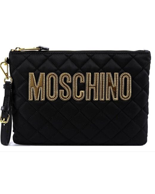 Moschino Black Logo Plaque Quilted Clutch Bag