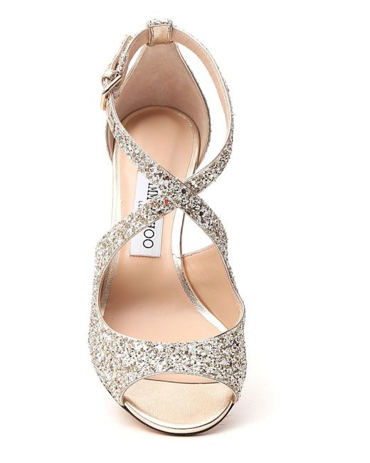 Jimmy Choo Leather Emily 85 Champagne Glitter Heeled Sandals in Gold (Metallic) - Save 60% - Lyst