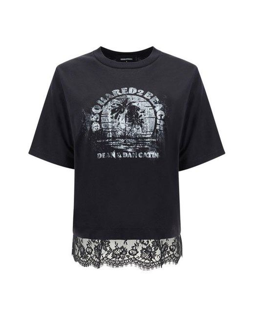 DSquared² Black Lace Hem Crewneck T-shirt