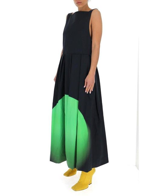 Dries Van Noten Green Open Back Pleated Maxi Dress