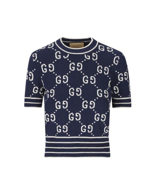 Gucci Blue GG Jacquard Knitted Top