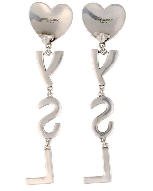 Saint Laurent Metallic Monogram Heart Crystal Drop Clip Earrings