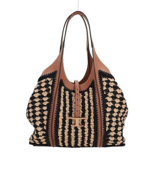 Tod's Brown T Plaque Striped Woven Tote Bag