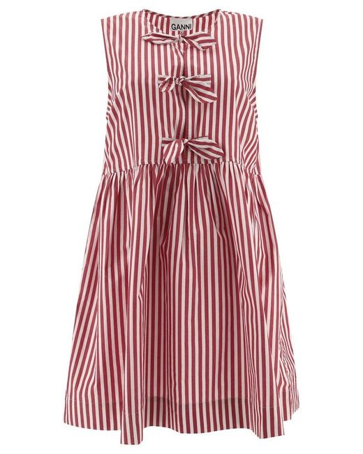 Ganni Red Striped Bow Detailed Mini Dress