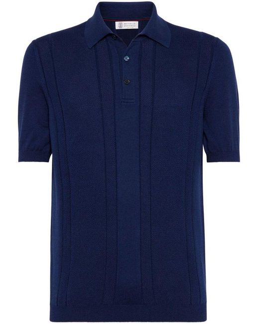 Brunello Cucinelli Blue Short Sleeved Open-knitted Polo Shirt for men