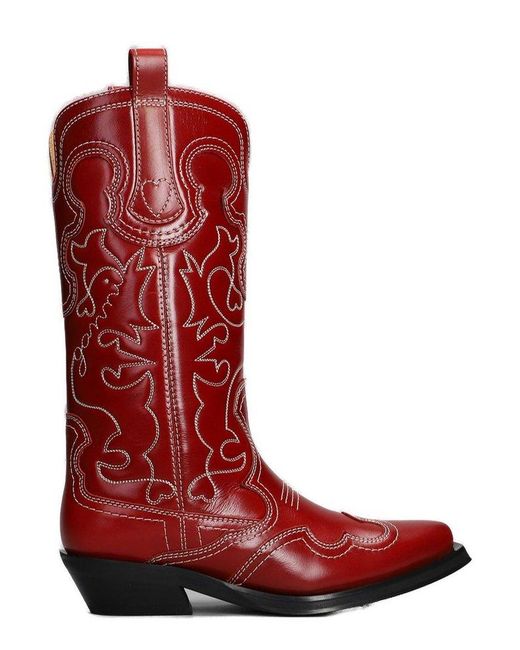Ganni Western-style Embroidered Pointed-toe Boots