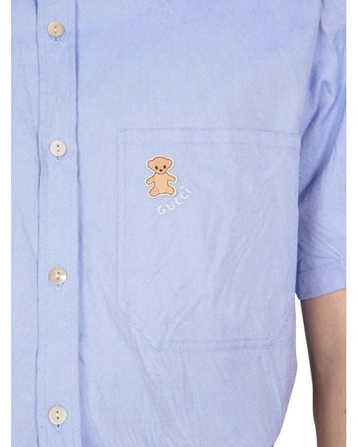 Gucci Blue Bear Motif Embroidered Short-sleeved Shirt for men