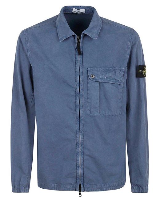 Stone Island Blue Zip Up Long-sleeved Shirt for men