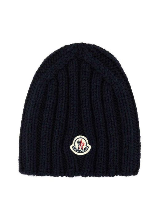 Moncler Blue Logo Patch Knit Beanie for men