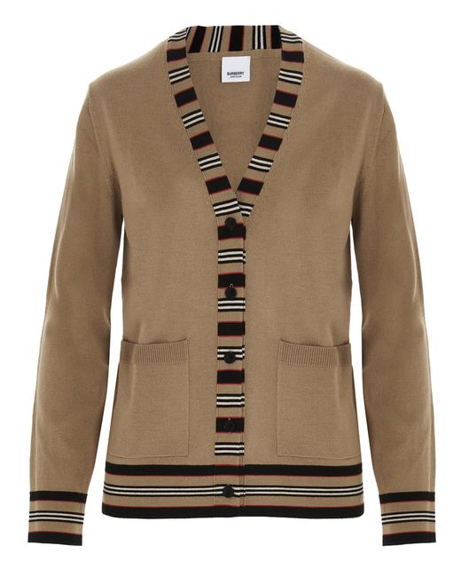 Burberry Wool Icon Stripe V-neck Cardigan in Beige (Natural) - Lyst