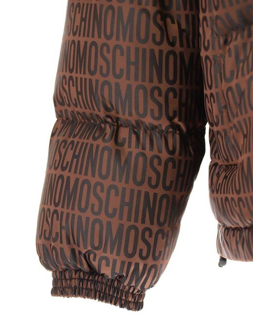 Moschino Brown Allover Logo Zip-up Puffer Coat for men