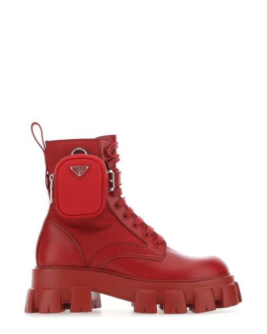 Prada Red Panelled Pouch-attached Combat Boots for men