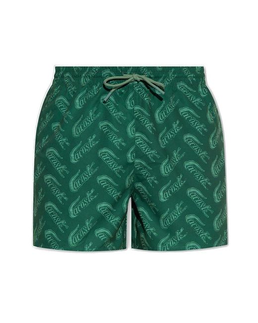 Lacoste Green Logo Printed Drawstring Swim Shorts for men