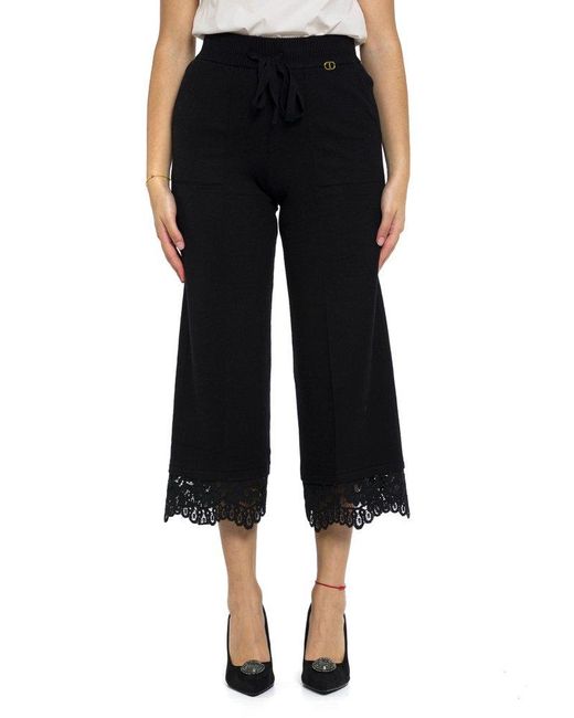Twin Set Black Lace Trim Drawstring Cropped Trousers