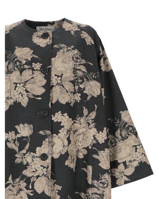Max Mara Black Floral Patterned Long-sleeved Coat