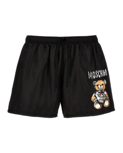 Moschino Black Teddy Bear Printed Drawstring Swim Shorts for men
