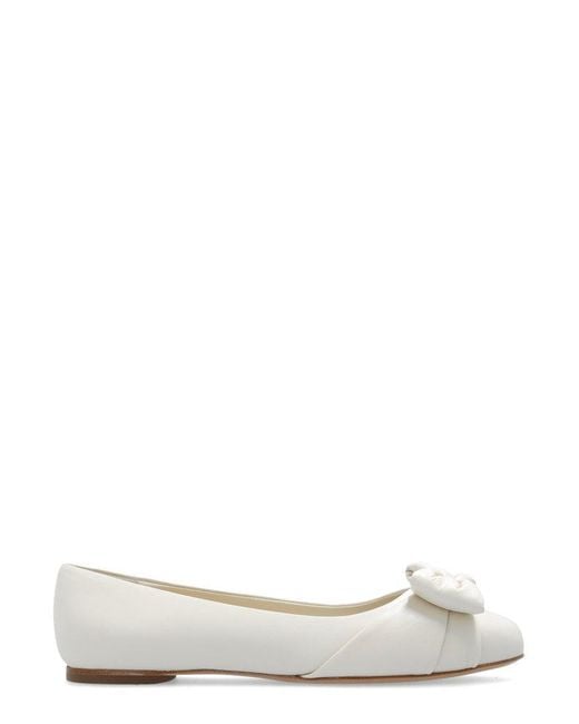 Ferragamo White Varina Bow Detailed Ballet Flats